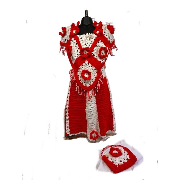 Crochet Vintage Red White Flower Top Skirt Bag Henrietta Tanuska Beverly Hills - Picture 1 of 16